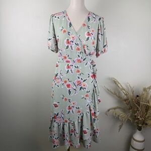 LC Lauren Conrad Size Large Sage Green Floral Faux-Wrap Midi Dress Cottagecore